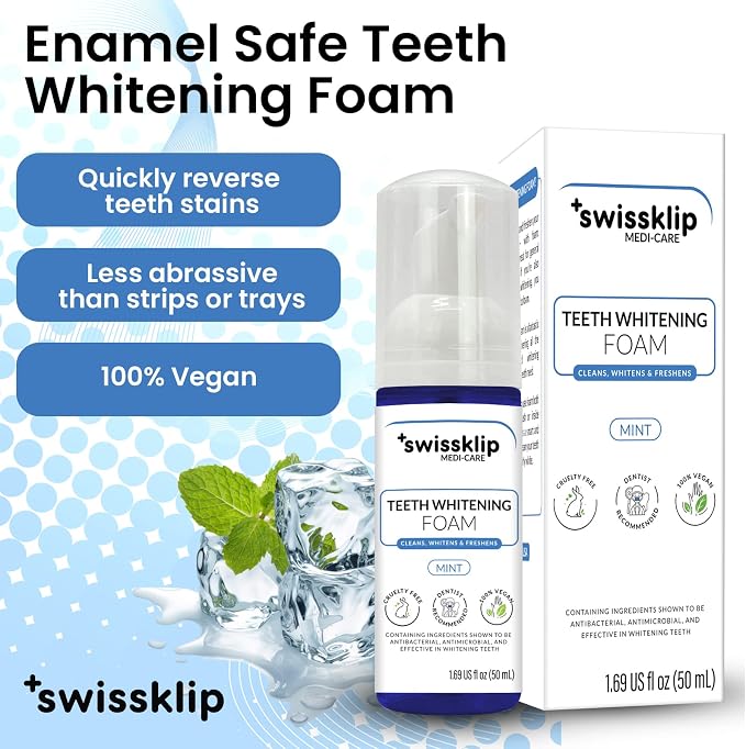 Swissker by Swissklip ShineFoam Teeth Whitening Foam – Stain Remover | Whitening Gel Kit, Teeth Whitener, Hydrogen Peroxide Formula, Mint Flavor, Coffee & Wine Stain Removal, For Braces & Aligners