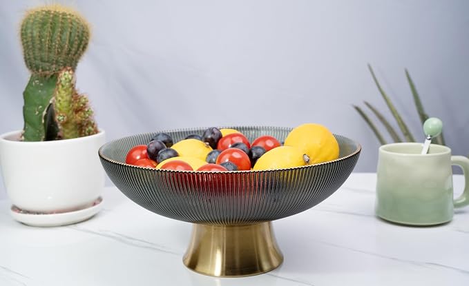 Round Glass Decorative Bowl(Gray), 9.8 Inches Handblown Striped Glass Bowl with Gold Trim and Rust Resistant Metal Base,Decor Fruit Bowl for Home Decor,Table Centerpiece,Kitchen Island, Dining Decor