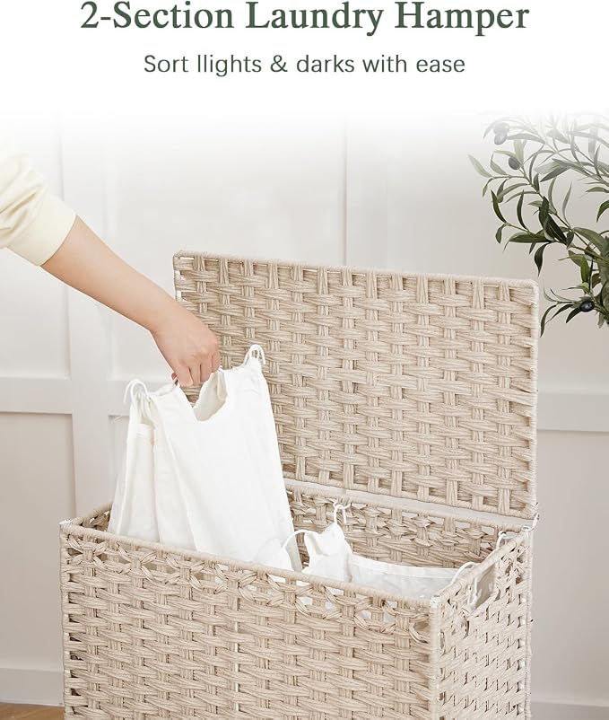 SETVSON Laundry Hamper with Lid, Wicker Laundry Basket, 112 L, Light Khaki | Handwoven PE Rattan, 2 Removable Liner Bags, Metal Heightened Feet, 6 Mesh Bags, Clothes Hamper for Bathroom Bedroom