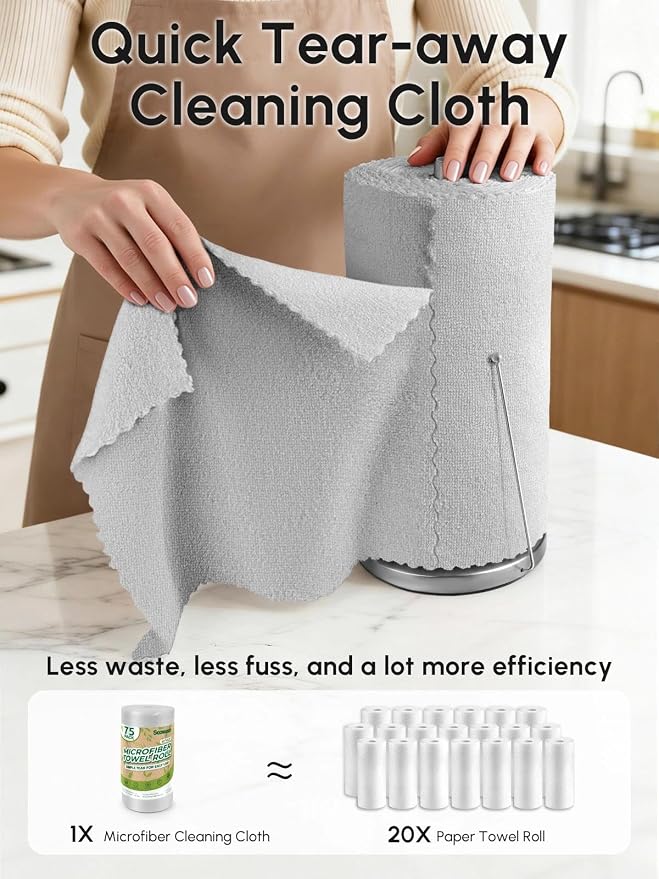 Microfiber Cleaning Cloths Roll, 75 Pack Tear Away Microfiber Towels Roll, 12" x 12" Lint Free Rags, Reusable Cleaning Cloths, Washable, Scratch Free,Ultra Absorbent Dish Rags(Grey)