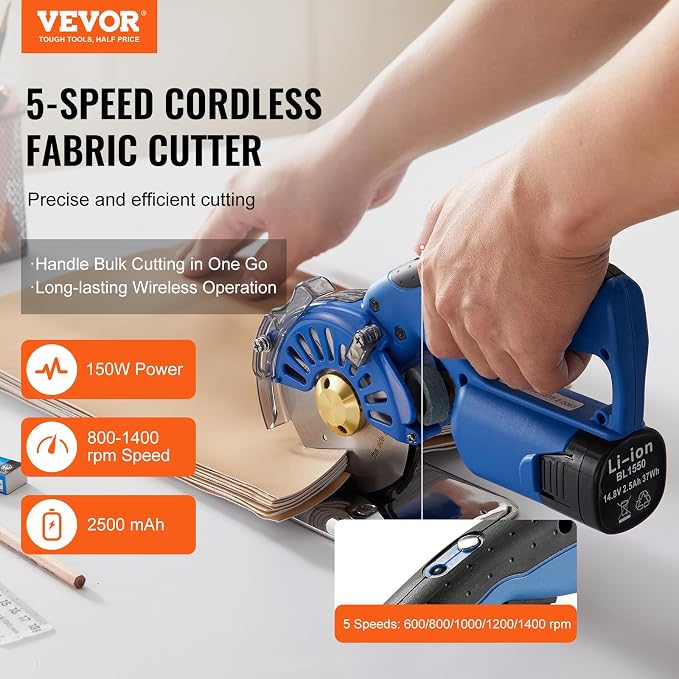 VEVOR Fabric Cutter, 5-Speed Cordless Electric Rotary Fabric Cutting Machine, 1.1" Cutting Thickness, Octagonal Knife, with Replacement Blade and Battery Charger, for Multi-Layer Cloth Fabric Leather