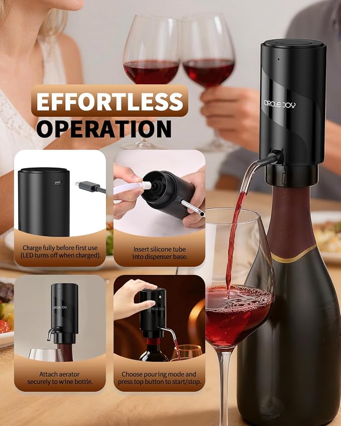 CIRCLE JOY Electric Wine Aerator Pourer, Rechargeable Automatic Wine Decanter and Wine Dispenser with Touch Button Control, Perfect Wine Gift for Home Party & Wine Lovers, Black