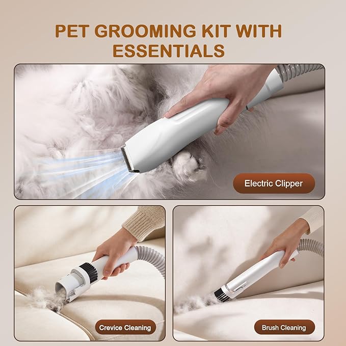 Dog Grooming Kit, 3 Suction Modes Dog Brush Vacuum with 6 Pet Grooming Tools (Eggshell)