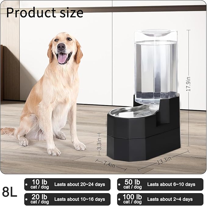 Sfozstra 8L Raised Pet Water Dispenser: Large Breed Comfort | Gravity Fed /304 Stainless Steel Bowl/No Filter Replacement/ Spill Resistant Base /Dishwasher Safe / Kitchen Living Room Use