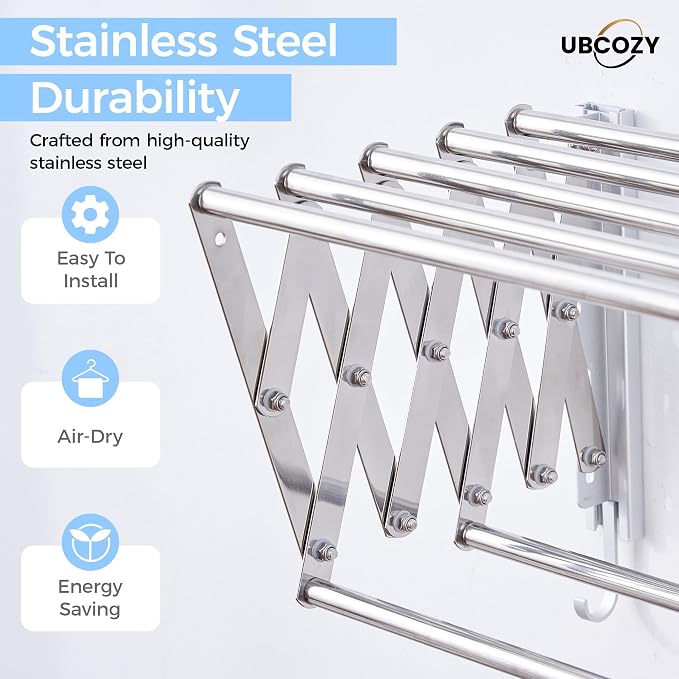 | Clothes Drying Rack Wall Mounted with Hooks - Foldable & Removable Laundry Drying Rack, Extendable 21"-39.4", 110lbs Heavy Duty Drying Rack with 7 Stainless Steel Rods for in & Out Door