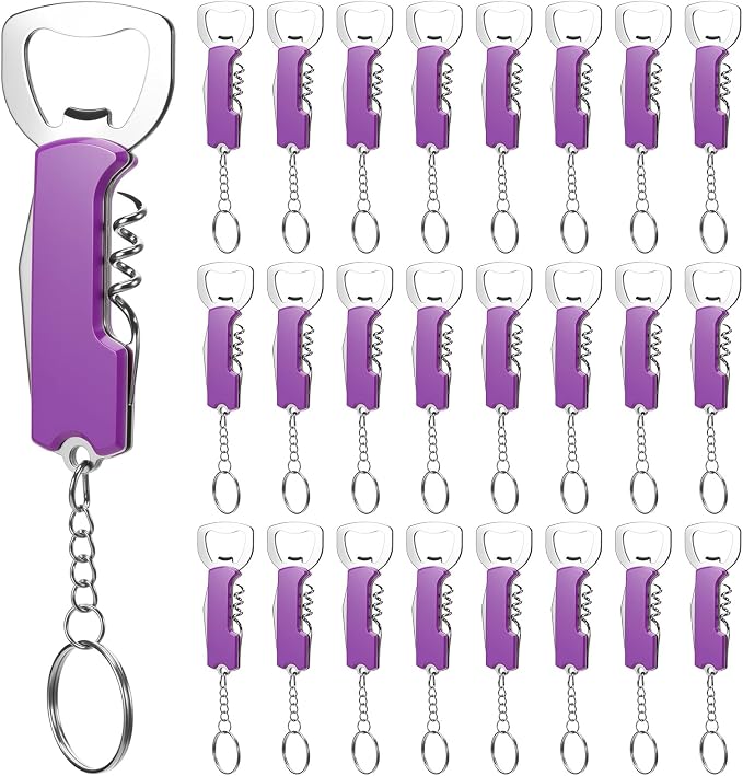 Ziliny 24 Pcs Bottle Opener Keychain Bulk Wine Bottle Beer Opener Keychain 3.27" Stainless Steel Corkscrew Waiter Corkscrew Wine Keyring Gifts for Christmas Bar Party Wedding Home (Purple)