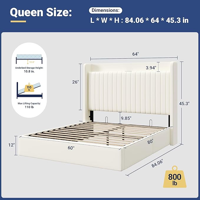 Allewie Queen Lift Up Storage Hydraulic Bed Frame,Charging Station,Cream | Storage Shelf Headboard with Charging Station,Type-C,USB Ports,Hydraulic Support,Velvet Upholstered,No Box Spring Needed