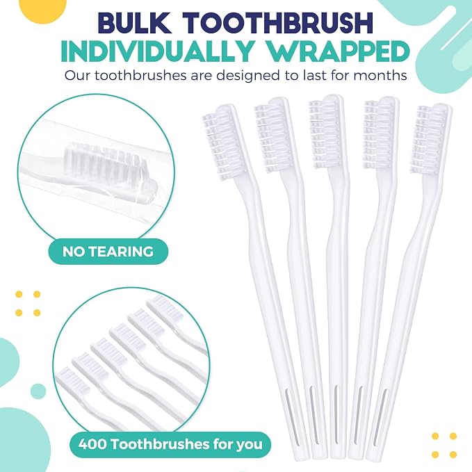 Disposable Toothbrush Bulk, White, 400 Pack, Adult | Individually Wrapped, Hard Bristle, Manual, Travel, Single Use