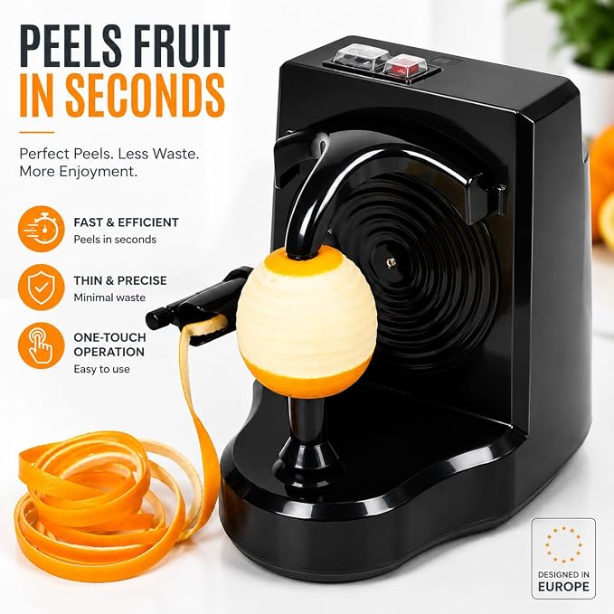 Electric Orange Peeler Automatic Fruit and Vegetable Peeler Machine, Peels Apples, Potatoes, Citrus, Stainless Steel Blade, Compact White (Black)
