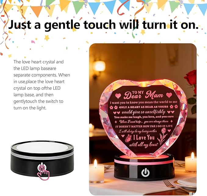 Crystal Heart Birthday Gifts Ideas for Mother from Son Daughter Moms Mother's Day Mothers Day Gifts for Mom Romantic Best Unique Keepsakes Presents with Colorful LED Base Gift (Mom Gifts)