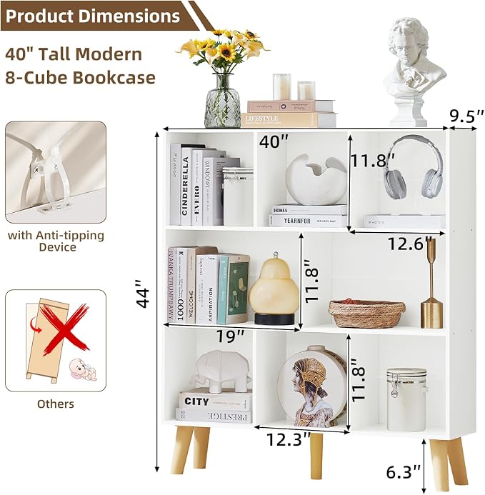 LEYAOYAO 8 Cube Bookshelf, Mid-Century Modern Book Shelf with Legs, White | 3 Tier Bookcase, Rustic Wood Bookshelves Freestanding Large Storage Organizer, Open Shelves for Bedroom, Living Room, Office