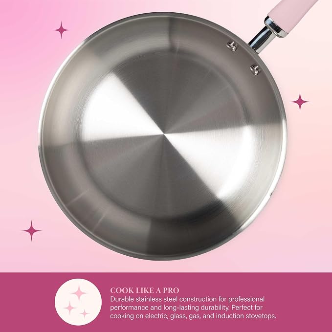 Paris Hilton Stainless Steel Pots and Pans Set with Stay-Cool Pink Handles, Tempered Glass Lids, Bonus Heart Shaped Measuring Cups and Spoons, Dishwasher Safe Cookware, 10-Piece Set