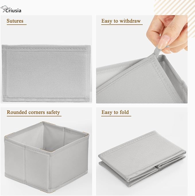 Criusia 26 Pack Drawer Organizer for Clothes, Foldable Dresser Dividers with 3 Sizes, Fabric Storage Bins – Gray