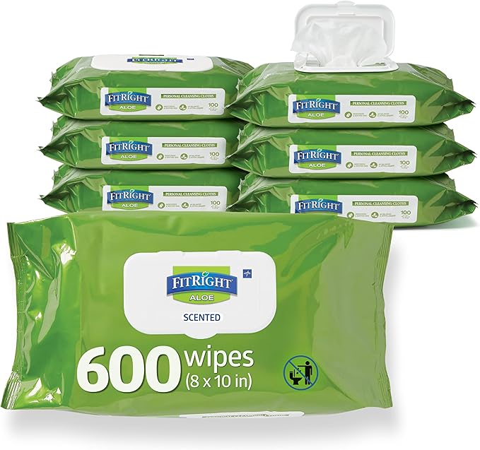 FitRight Personal Cleansing Wipes with Aloe 8x10 Scented 600 Count | Moisturizing Body Wipes for Adults, Incontinence Cleaning, Cloth Wipes for Elderly Care & Bathing