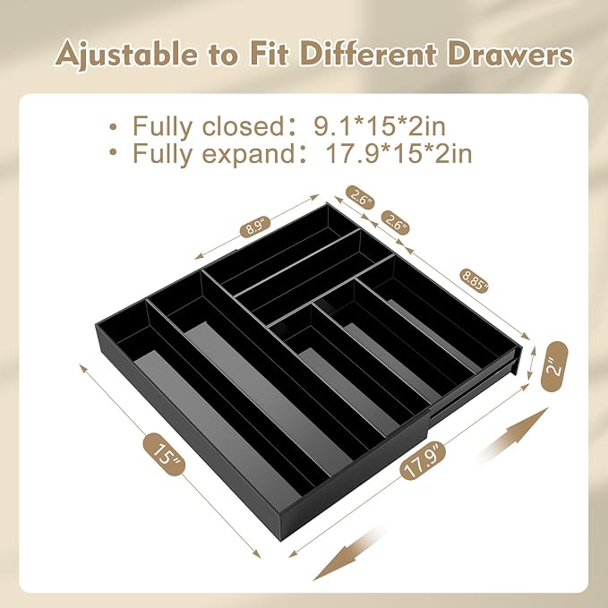 Briwooody 1 Pcs Acrylic Desk Drawer Organizer 9'' up to 18'' x 15'' x 2.1'' Expandable Drawer Organizer Trays with 7 Adjustable Compartments Black Desk Accessories for Makeup Office Bathroom