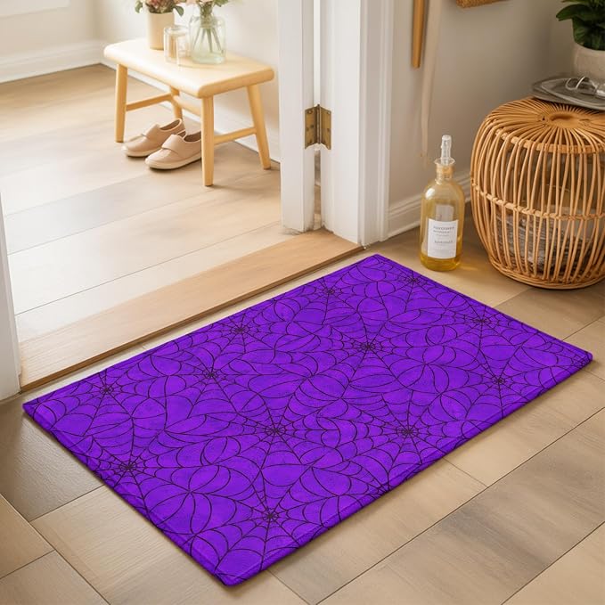 Entryway Area Rug 2'x3', Purple Halloween Washable Small Area Rugs for Kitchen Bathroom Bedroom Office Laundry, Black Spiders Net Classic Gingham Non Slip Door Mat Indoor Entrance Floor Throw Carpet