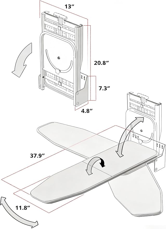 Nisorpa Wall Mounted Ironing Board 37.9" x 11.8", Compact Foldable Iron Board 180° Swivel, Space Saving Wall Ironing Board with Heat Resistant Cover for Laundry Room, Cloakroom, Apartment