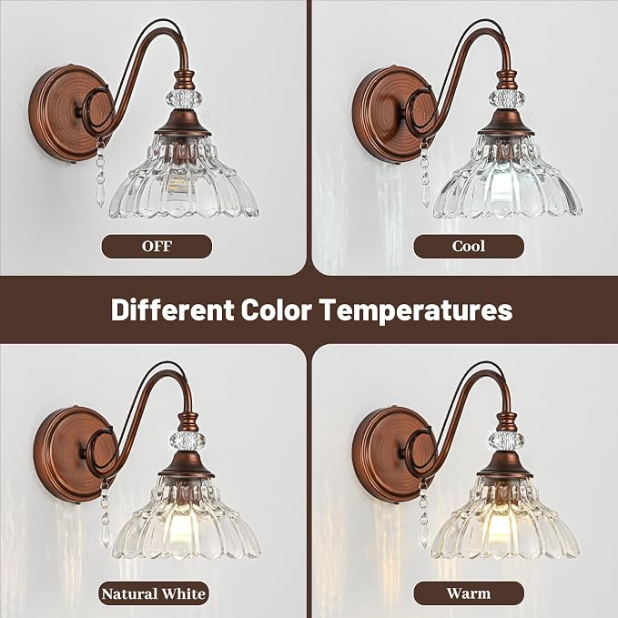 1 Piece Vintage Wall Sconce, 1-Light Matte Antique Red Bronze Finish Wall Sconce with Hanging Crystal Accents and Flower-Shaped Clear Shades for Bathroom Bedroom Living Room,Vintage Vanity Light