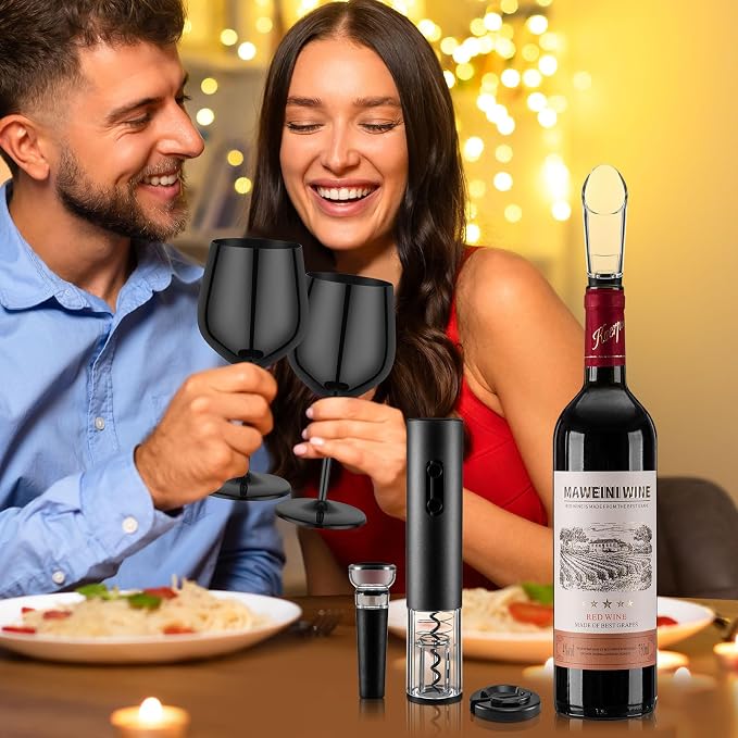 Electric Wine Opener Set Rechargeable, Automatic Corkscrew Set, Including Black Metal Wine Glasses of 2, Stainless Steel Wine Goblet, Ideal Gift for Wedding, Wine Lover, Birthday, Girl, Men