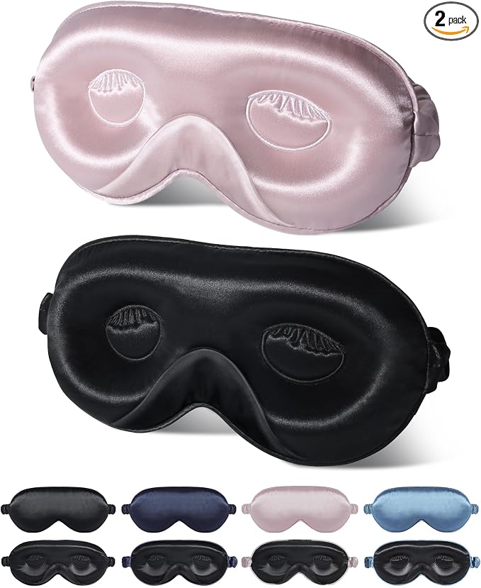 BeeVines 2 Pack 3D Contoured Sleep Mask 22 Momme Mulberry Silk Sleeping Eye Masks, Satin Eye Cover for Lash Extensions, Night Light Blocking Blindfold, 100% Blackout Satin Covers for Men & Women