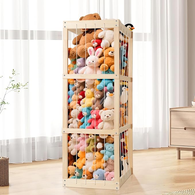 Stuffed Animal Storage – Large Capacity Toy Organizers for Kids | Wooden Stuffed Animal Holder with Elastic Zoo Bars | Plushies Storage Toy Chest for Nursery, Playroom, or Bedroom