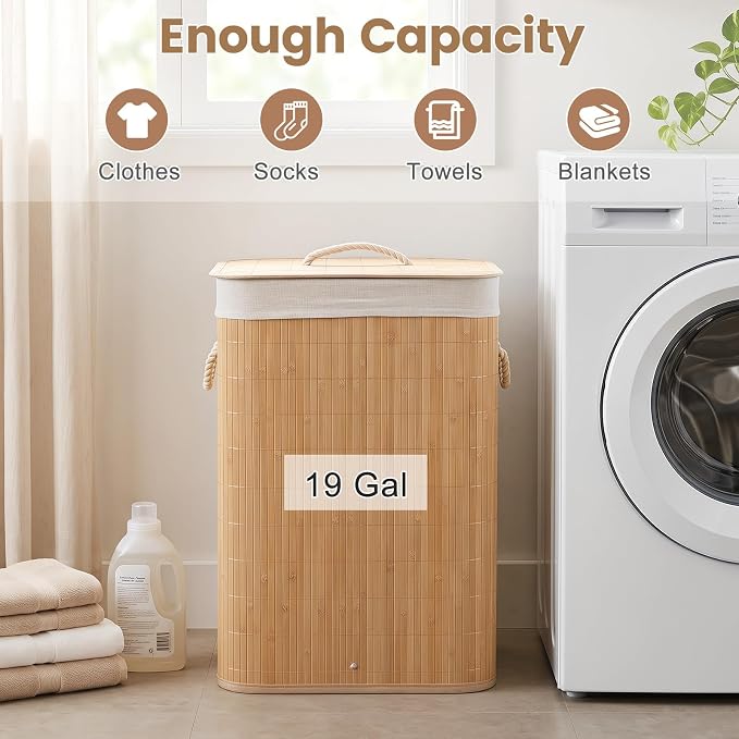 Giantex Bamboo Laundry Hamper with Lid, Removable Liner & Portable Handles | 19 Gal Large Capacity Clothes Hamper, Rectangular Laundry Basket for Bedroom Bathroom Laundry Room