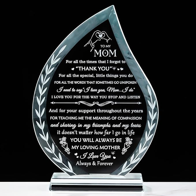 QIANWEI Gifts for Mom from Daughter Son Glass Plaque, To My Mom who has Everything Birthday Gifts Unique, Present for Thanksgiving Christmas Retirement, Valentines