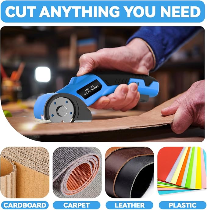 Cordless Electric Scissors,4V Rechargeable Cardboard Cutter Heavy Duty Scissor with Safety Lock & LED Light for Box Carpet Plastic Fabric(Blue)