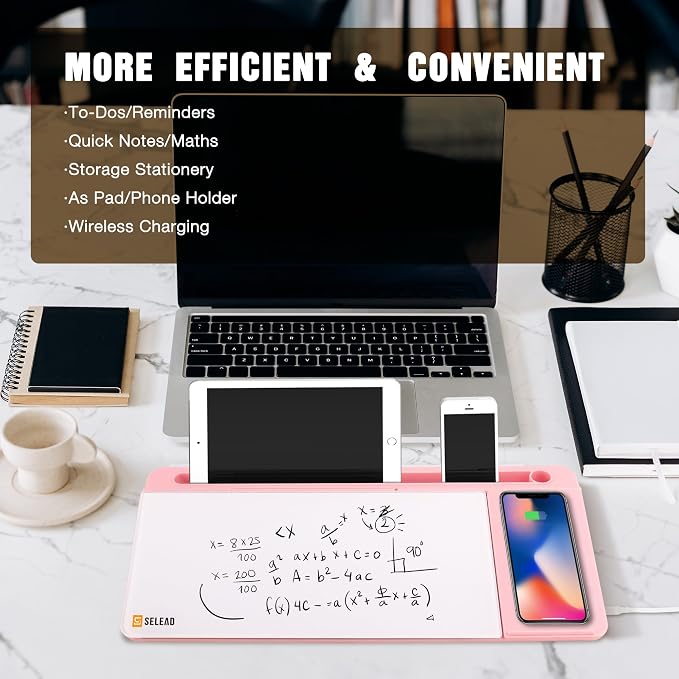 SELEAD Desktop Glass Whiteboard with Wireless Charger Station and Mirror, Dry Erase Board Computer Pad Keyboard Stand with Organizer for Home, School, Office Desk Accessories, Pink