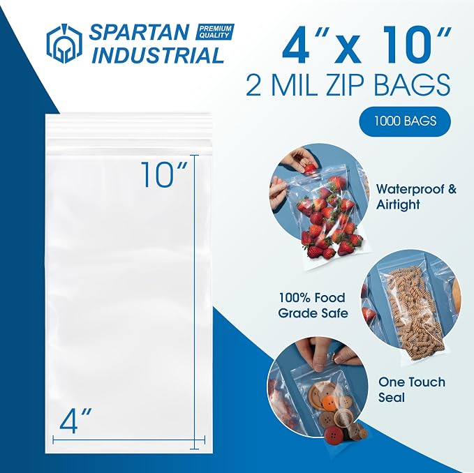 Spartan Industrial - 4” X 10” (1000 Count) 2 Mil Clear Reclosable Zip Plastic Poly Bags with Resealable Lock Seal Zipper
