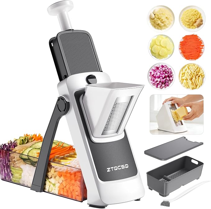 Vegetable Slicer for Kitchen, Safe Mandoline Slicer, Adjustable Veggie Potato French Fry Cutter, Wider Tray & Stainless Steel Grater & Filter Basket & Lid & Cleaning Brush (Gray Pro)