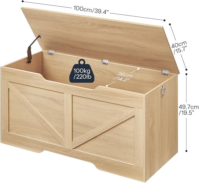 HOOBRO Storage Bench, 39.4” Retro Wooden Storage Chest with U-Shaped Cut-Out Pull, Safety Hinge, Supports 220 lb and Easy Assembly for Toy Box Organizer (Natural) NL771CW01G1