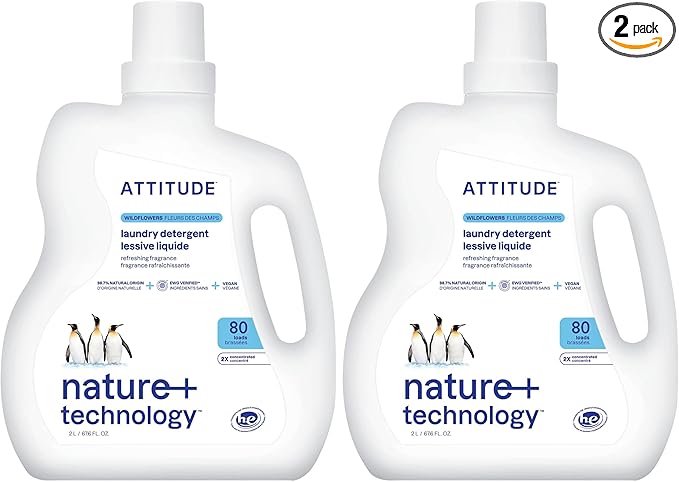 ATTITUDE Liquid Laundry Detergent,EWG Verified,HE Compatible,Plant-Based & Vegan,Natural Laundry Soap,Wildflowers,80 Loads,67.6 Fl Oz,(Pack of 2)