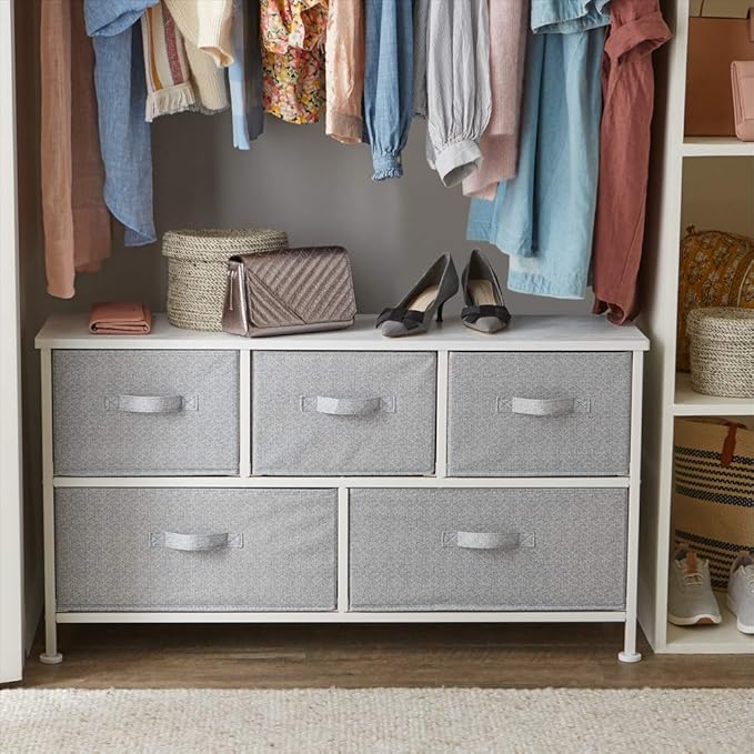 Amazon Basics Extra Wide Fabric 5-Drawer Storage Organizer Unit for Bedroom Closet, White