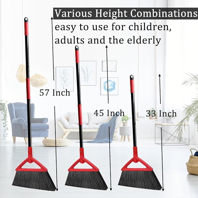 Heavy Duty Angle Broom 4 Pack - Red Broom for Outdoor & Indoor, Garage, Driveway, Sidewalk, Kitchen & More, Long Handle