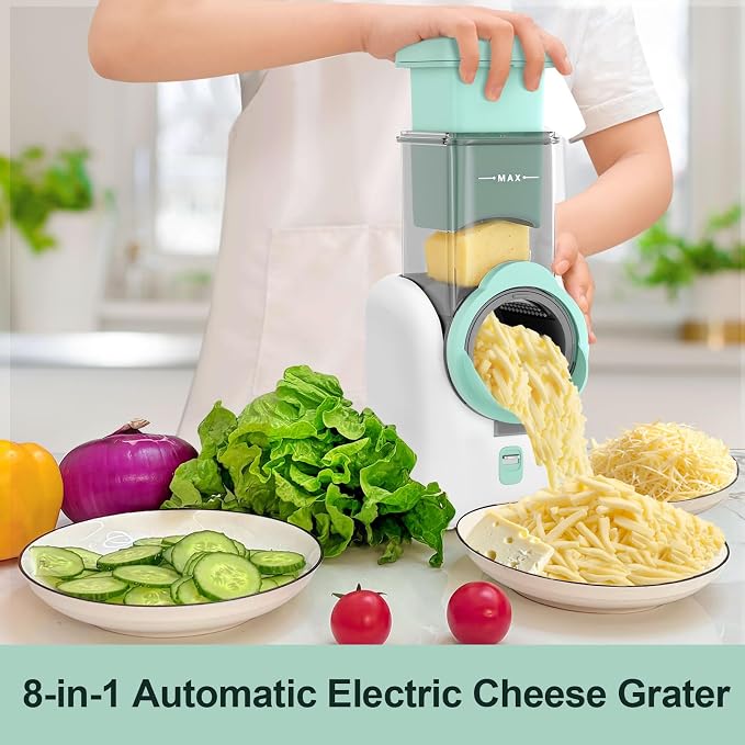 Upgraded 8-in-1 Electric Cheese Grater & Electric Cheese Shredder with 8 Interchangeable Blades for Cheese, Vegetables, Fruits and Nuts