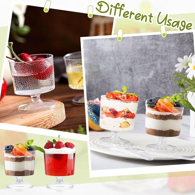 200 Pcs 2 oz Mini Dessert Cups with 200 Pcs Spoons Clear Plastic Mousse Cups Footed Trifle Bowl with Pedestal Fruit Parfait Appetizer Wine Glasses for Serving Party Wedding Birthday