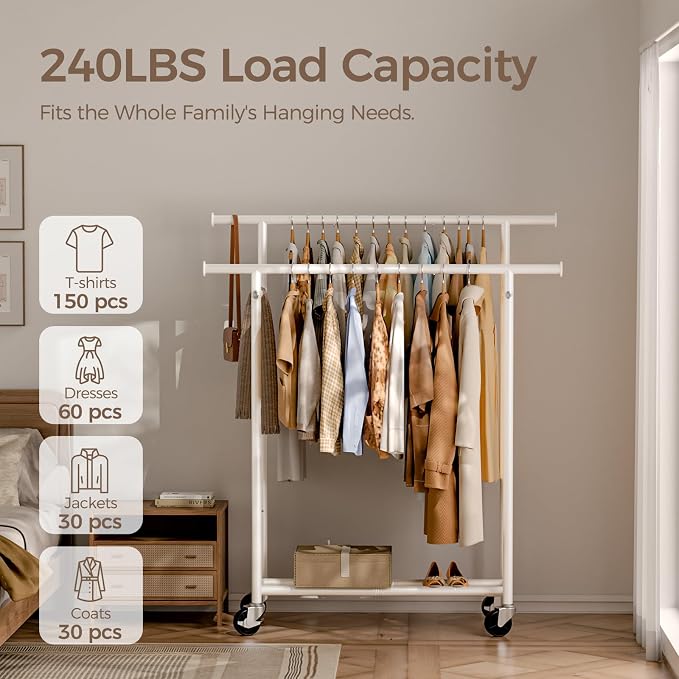 HYSEYY Clothes Rack, Double Rods Rolling Clothing Rack for Hanging Clothes, Portable Garment Rack with Wheels, Coat Rack Wardrobe Closet Load 240 LBS for Bedroom Laundry Room (White, L)