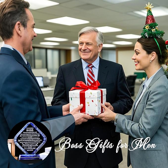 Movdyka Best Boss Gifts for Men Women Crystal Plaque Keepsakes with Colorful Light Base Great Boss Appreciation Thank You Farewell Retirement Gifts for Boss Day Birthday Office Decor