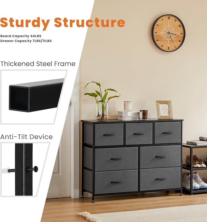 Sweetcrispy 7 Drawer Dresser Storage Organizer with Fabric Bins, Grey | Sturdy Steel Frame and Wood Top, Easy Pull Handles, for Bedroom Closet Hallway Entryway