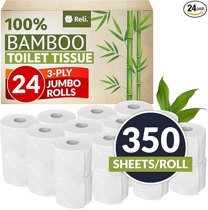 Reli. Bamboo Toilet Paper (24 Jumbo Rolls) | 3 Ply Toilet Paper (350 Sheets/Roll) Bathroom Tissue | Organic Bath Tissue | Bamboo Chemical Free Toilet Tissue Rolls (8400 Sheets Total)