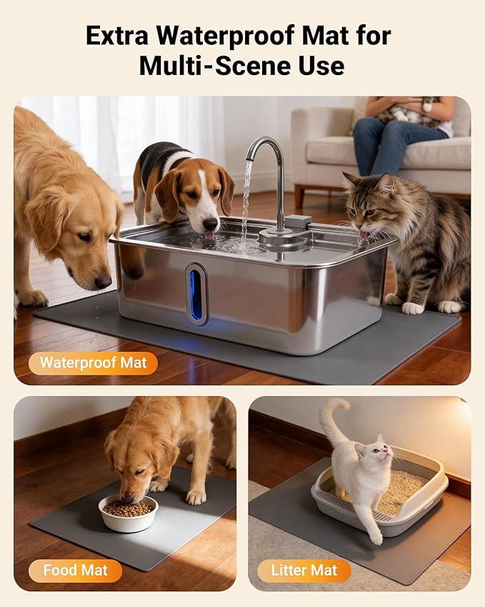 3.96Gal/15L Large Dog Water Fountain with Pet Feeding Mat and 3 Filters | Stainless Steel Pet Water Fountain for Dogs Cats, Dog Water Bowl Dispenser with Visible Window, Alert Light, Quiet Pump