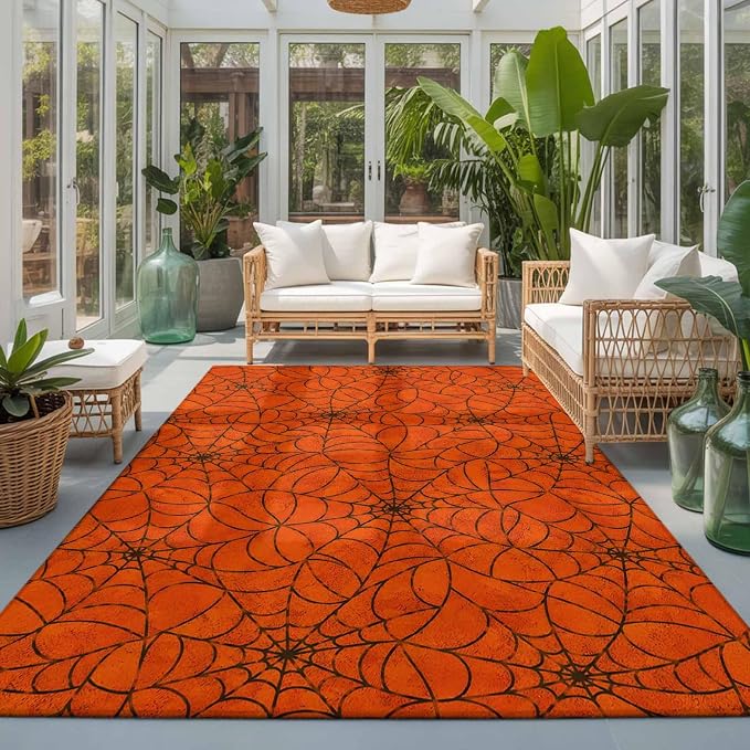 Large Area Rug 5'x7', Orange Halloween Washable Rectangular Area Rugs for Living Room Bedroom Office, Black Spiders Net Classic Gingham Non Slip Kitchen Rug Mats Indoor Floor Accent Throw Carpet