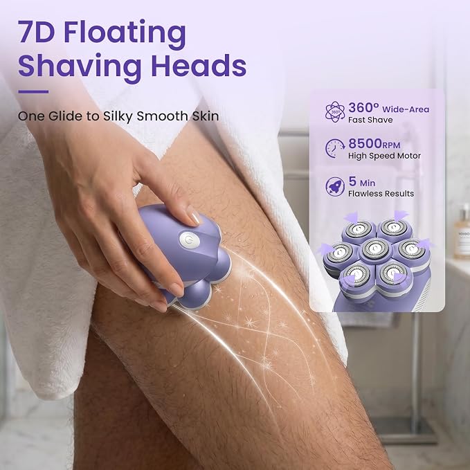 VIKICON 7D Electric Razors for Women Legs, Silky-Smooth Full Body Shaver | 7D 360° Wide-Area Fast Shaving Heads, Waterproof Wet & Dry Use, Painless Bikini Hair Removal, LED Light, Lady Gift, Purple