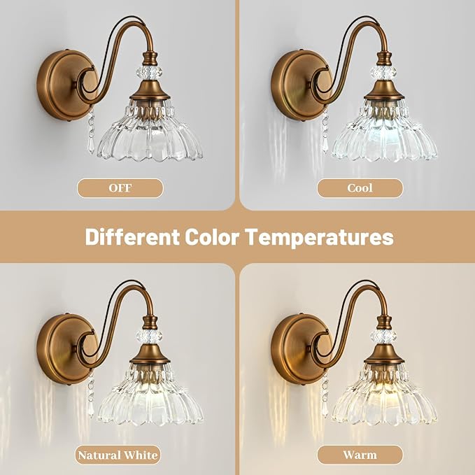 1 Piece Vintage Wall Sconce, 1-Light Matte Antique Brass Finish Wall Sconce with Hanging Crystal Accents and Flower-Shaped Clear Shades for Bathroom Bedroom Living Room,Vintage Vanity Light