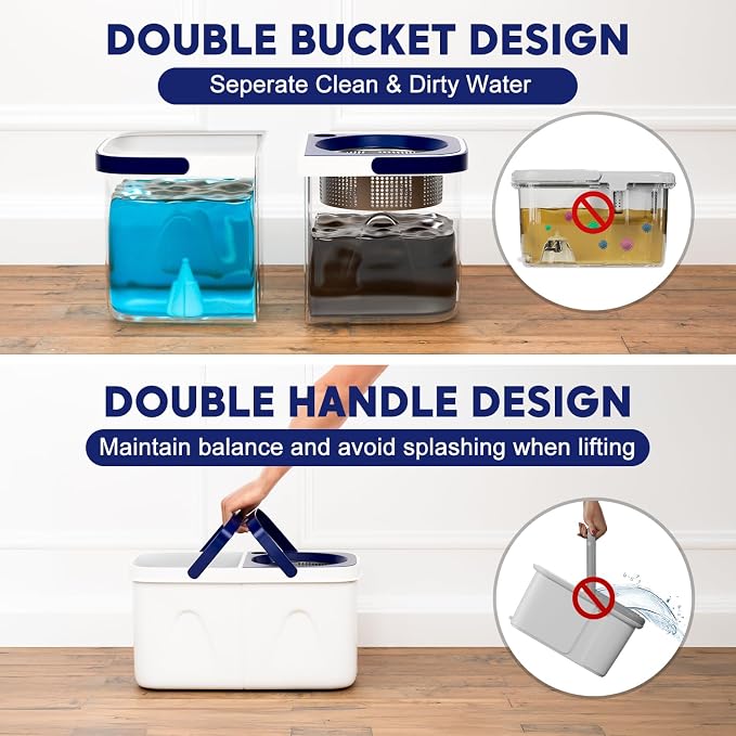 Spin Mop and Bucket with Wringer Set Two-Detachable Bucket Design Mop System, Separate Clean and Dirty Water 360° Spinning Floor Cleaning with 51" Adjustable Handle-3Mop Heads