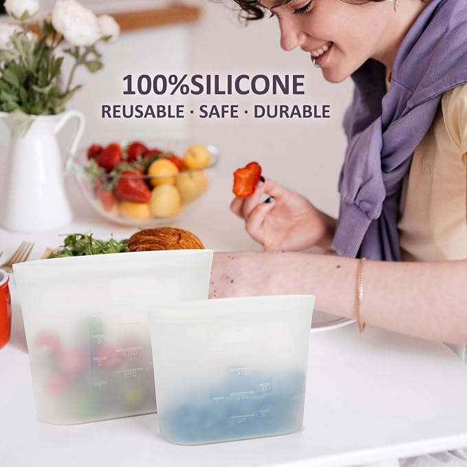8-Pack Reusable Silicone Food Storage Bags, 100% Silicone Stand-Up Wide-Open Zip-Lock Reusable Storage Bags for Food, Freezer Microwave Oven Dishwasher Safe, Translucent, 4S 4XS