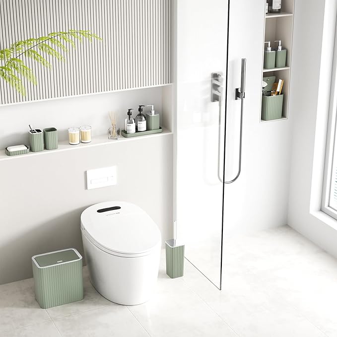 Bathroom Accessory Set - Sage Green Bathroom Set, 12PC Bathroom Accessories Set, Mini Trash Can, Toilet Brush, Trash Can & Soap Dispenser