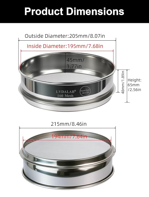 All 304 Stainless Steel 160 Mesh Test Sieve (0.098mm Aperture), 8 Inch/20cm Diameter, Lab Sifter & Fine Filter, Screen for Industrial Material, Food Ingredients & Powder