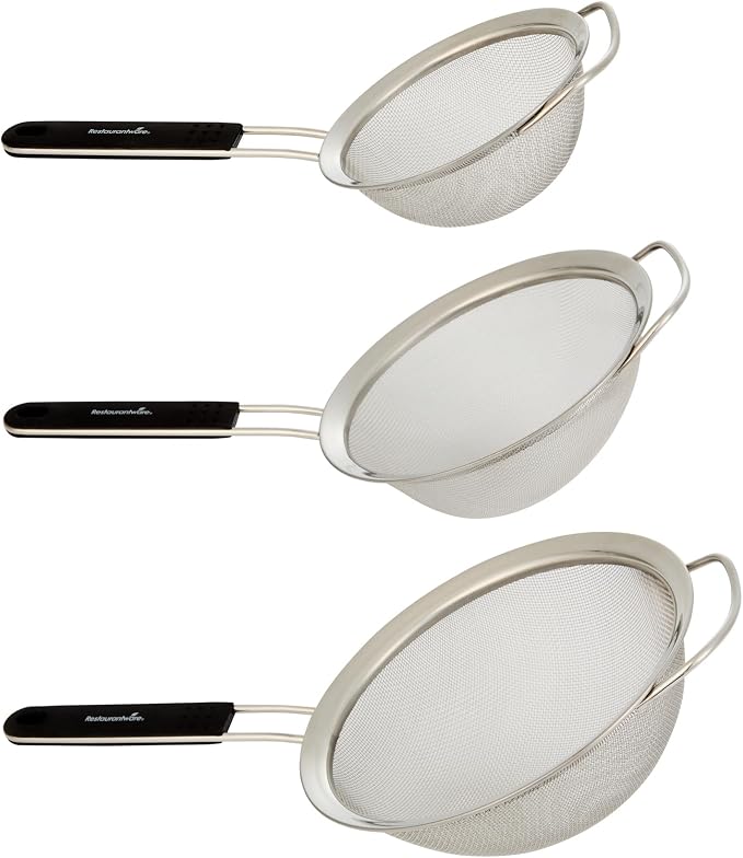 Restaurantware Fine Mesh Strainer Set of 3 Different Sizes with Silicone Handle Stainless Steel Extra Fine Mesh Strainer Heat-Resistant Handle Dishwasher-Safe for Rice, Quinoa, Pasta